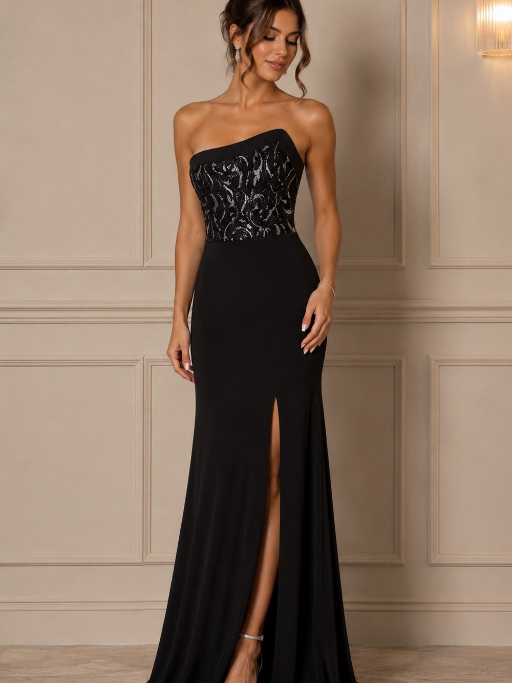 Betsy & Adam Strapless Black Sequin Bodice Evening Dress